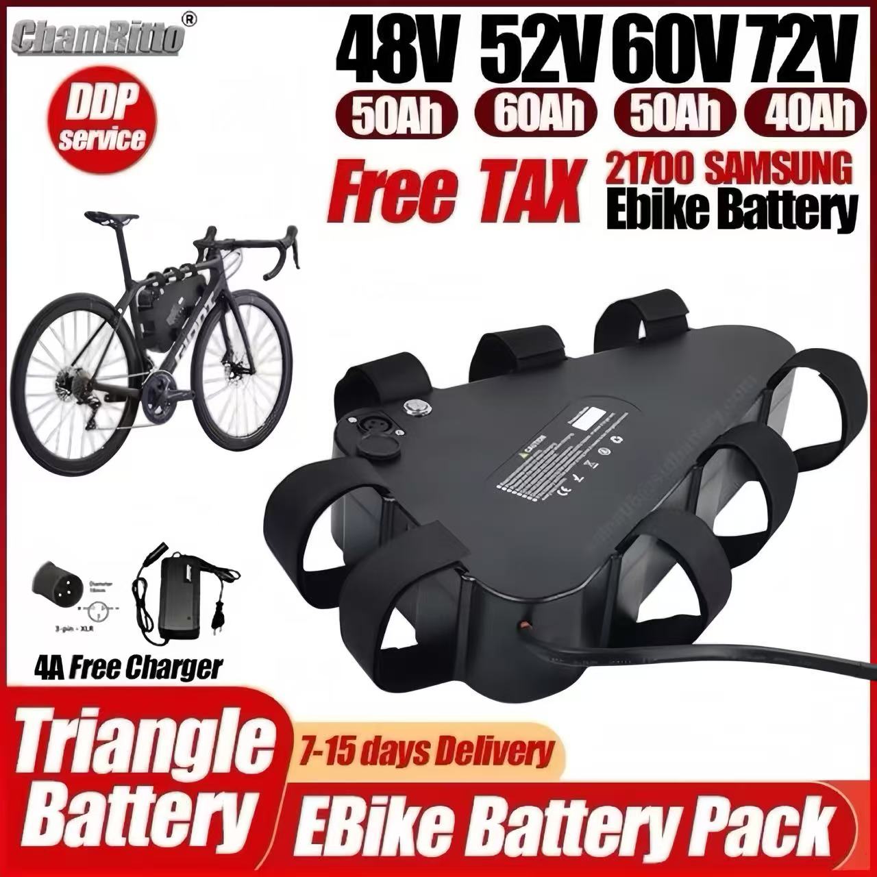 72V 50Ah 21700 Lithium Battery - Batterie triangulaire pour vélo électrique 36V